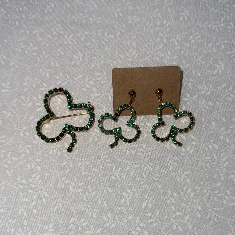 Green Clover Brooch/Earring Jewelry‎ set